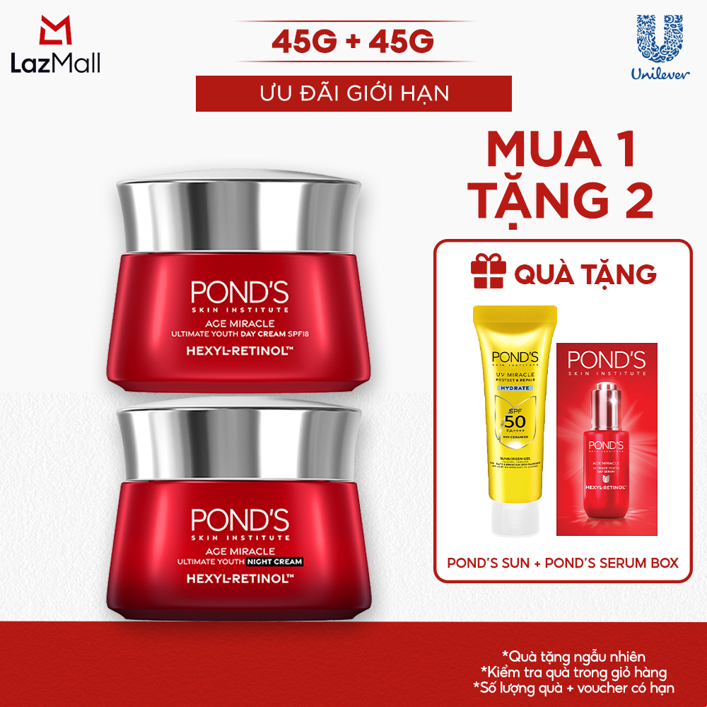   VC 15% tối đa 70K đơn 399K  Bộ Kem dưỡng ngày đêm Pond's Age Miracle mờ đốm nâu và nếp nhăn với 50X Hexyl-Retinol 45G 