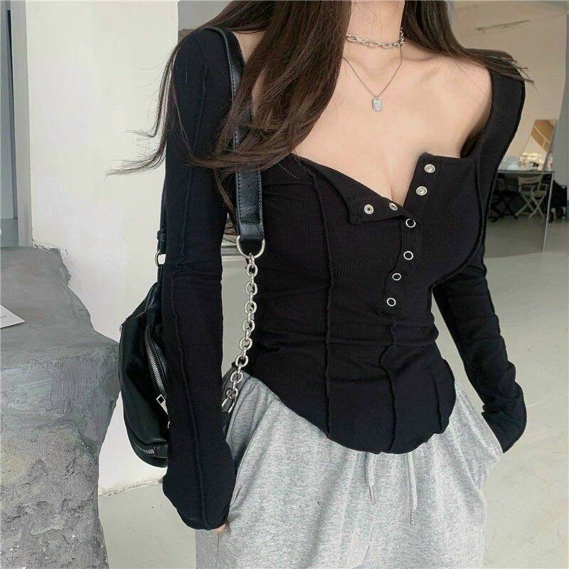 Áo thun nữ tay dài nút bấm áo croptop form 47kg