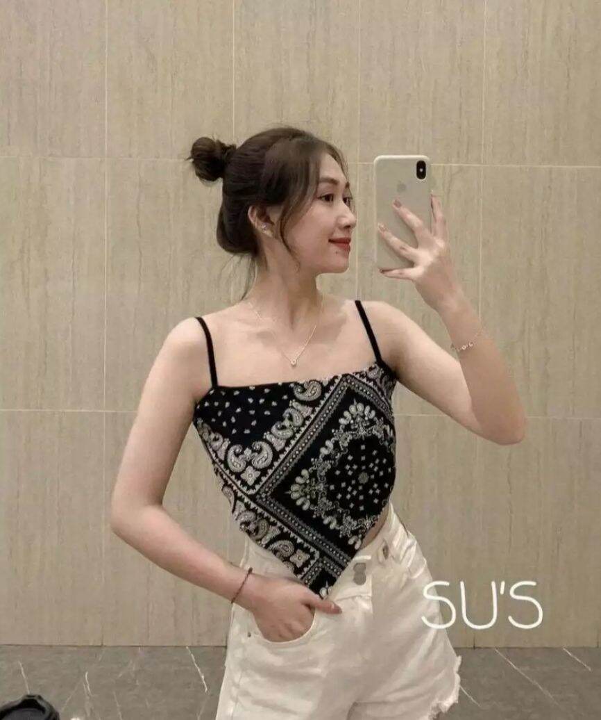 ÁO YẾM HAI DÂY CROPTOP THỔ CẨM,ÁO HAI DÂY ÁO THUN KIỂU VẠT NHỌN ÁO THUN BORIP FORM 45KG(pc)