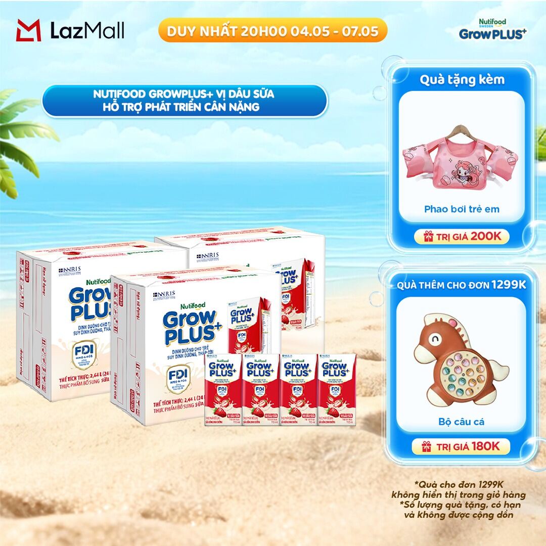 Combo 3 Thùng 24 hộp Sữa bột pha sẵn Nutifood GrowPLUS+ Vị Dâu Sữa hộp 110ml - Hỗ trợ phát triển cân nặng