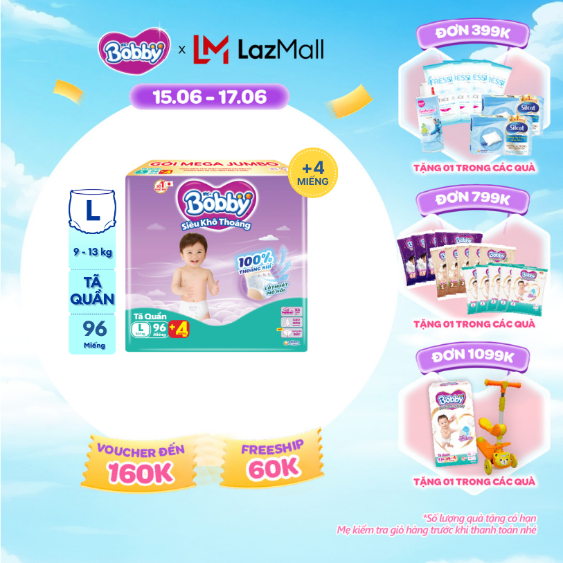 [Từ 22-23 tặng QUÀ TO-SLCH][TẶNG MIẾNG NGẪU NHIÊN] Tã/bỉm quần Bobby 3mm Mega Jumbo Siêu khô thoáng L96
