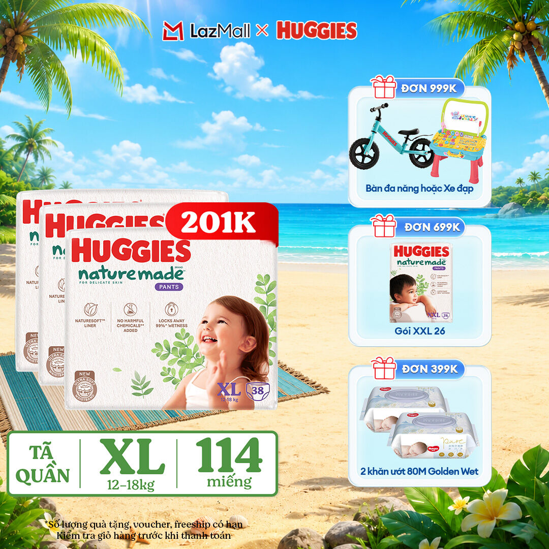 [Chỉ 22-24.06 QUÀ TẶNG ĐƠN 399K](Mua 1 tặng 1) Combo 3 Tã/Bỉm quần HUGGIES PLATINUM NatureMade XL38 (12-18kg)-Gói Jumbo 38 miếng