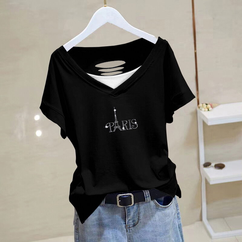 Trang Phục Mùa Hè Mẫu Mới 2023 Áo Phông Trẻ Trung Thời Trang Phong Cách Hàn Quốc Cotton Ngắn Tay Xẻ Tà Màu Đối Lập Phối Ghép Cổ V Áo Đính Đá Nữ
