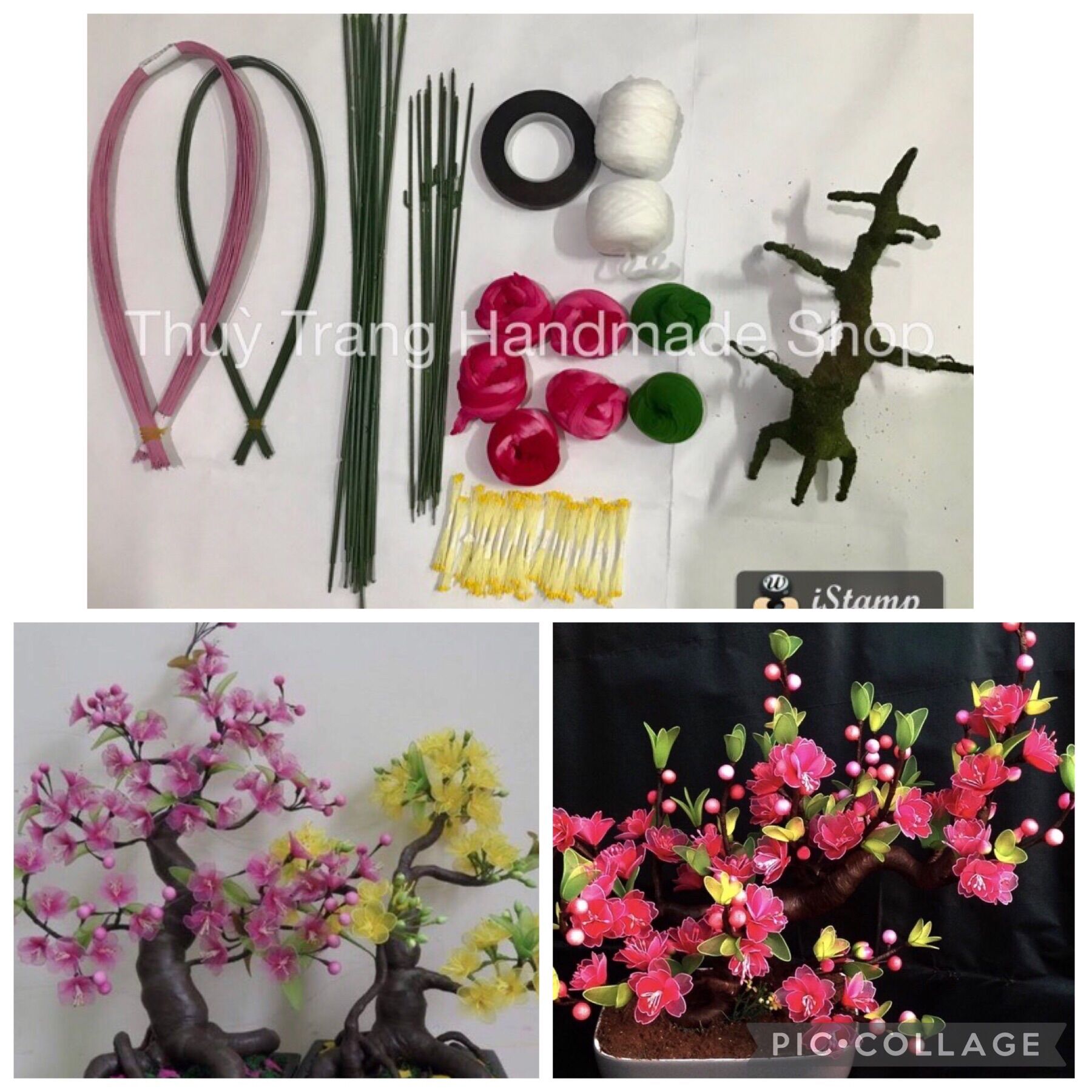 Combo nguyên liệu làm cây đào bonsai bằng voan