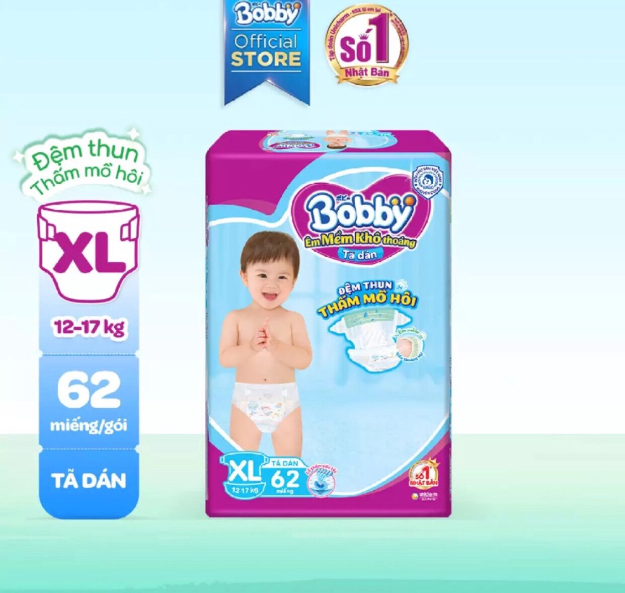 ( Cộng 6 miếng ) Bỉm Bobby dán size M76,L68,Xl62, Xxl56 mới .