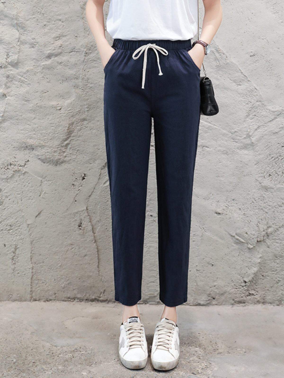 Quần Dài Cotton Rộng Rãi Mùa Xuân Hè Quần Dài Thường Ngày Cạp Cao Thoáng Khí Quần Dài Thể Thao Cotton Nguyên Chất