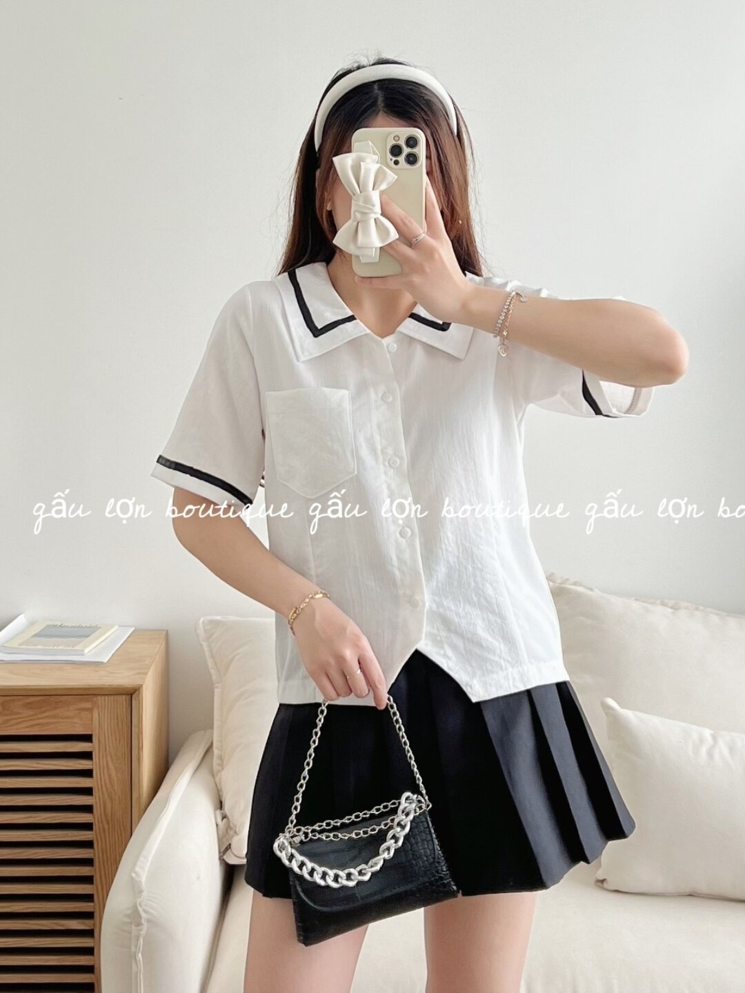 áo sơ mi cổ bẻ viền đen cộc tay ulzzang