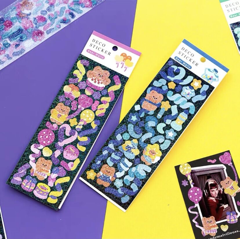 Set 2 tấm sticker ruy băng gấu béo lấp lánh