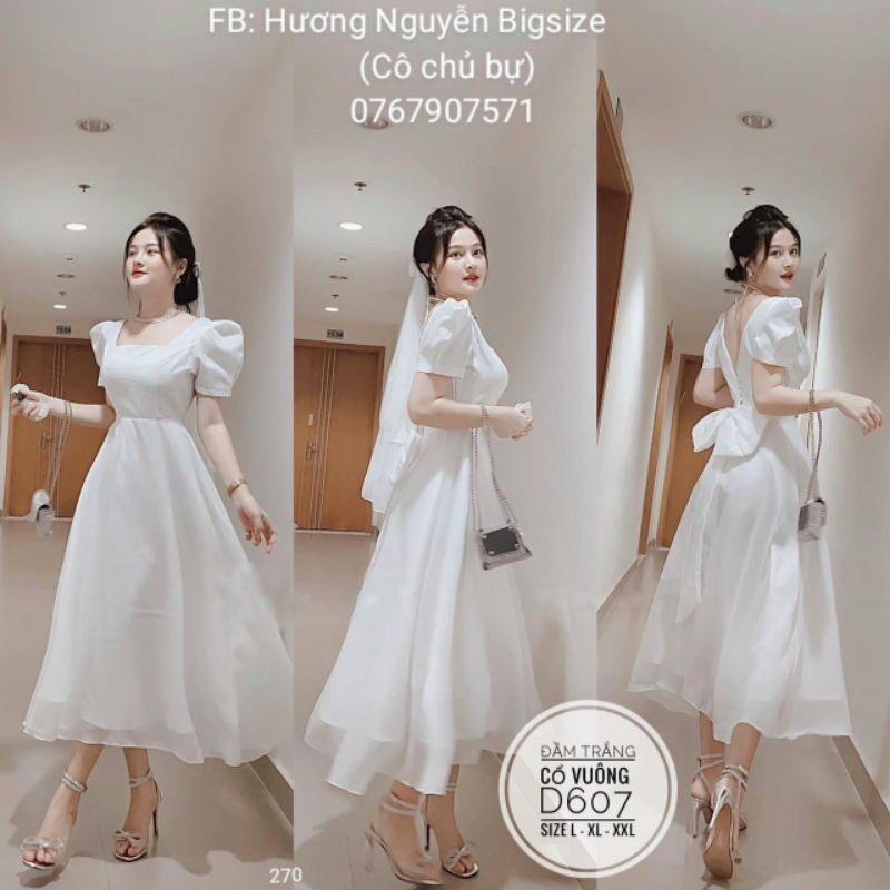 60-90kg bigsize đầm trắng cổ vuông kèm kẹp voan d607