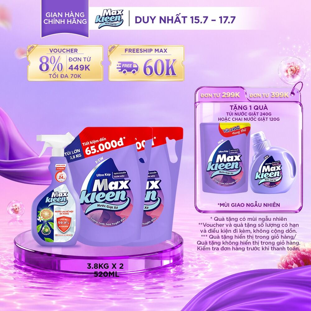Combo 2 Túi Nước Giặt Xả MaxKleen hương Huyền Diệu (3.8kg/túi) + Lau Bề Mặt Đa Năng