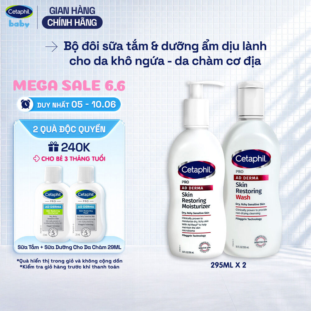 Combo Sữa tắm và Dưỡng ẩm cho da chàm, viêm da cơ địa Cetaphil Pro AD Derma Wash + Pro AD Derma Moisturizer 295ml x 2