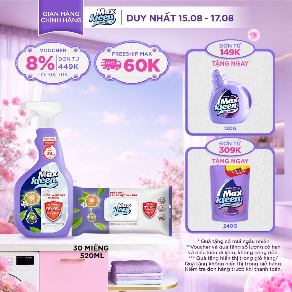 Combo Chai nước lau bề mặt đa năng MaxKleen 520ml + Khăn lau bề mặt đa năng