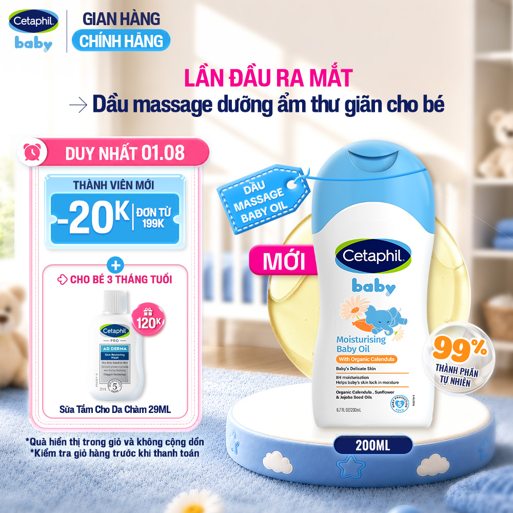 Dầu massage dưỡng ẩm làm dịu da bé với hoa cúc Calendula Hữu Cơ Cetaphil Baby Moisturising Baby Oil With Organic Calendula 200ml