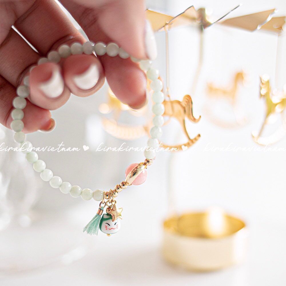 Vòng tay hạt đá Agate lục lạc mèo Kitty Goo