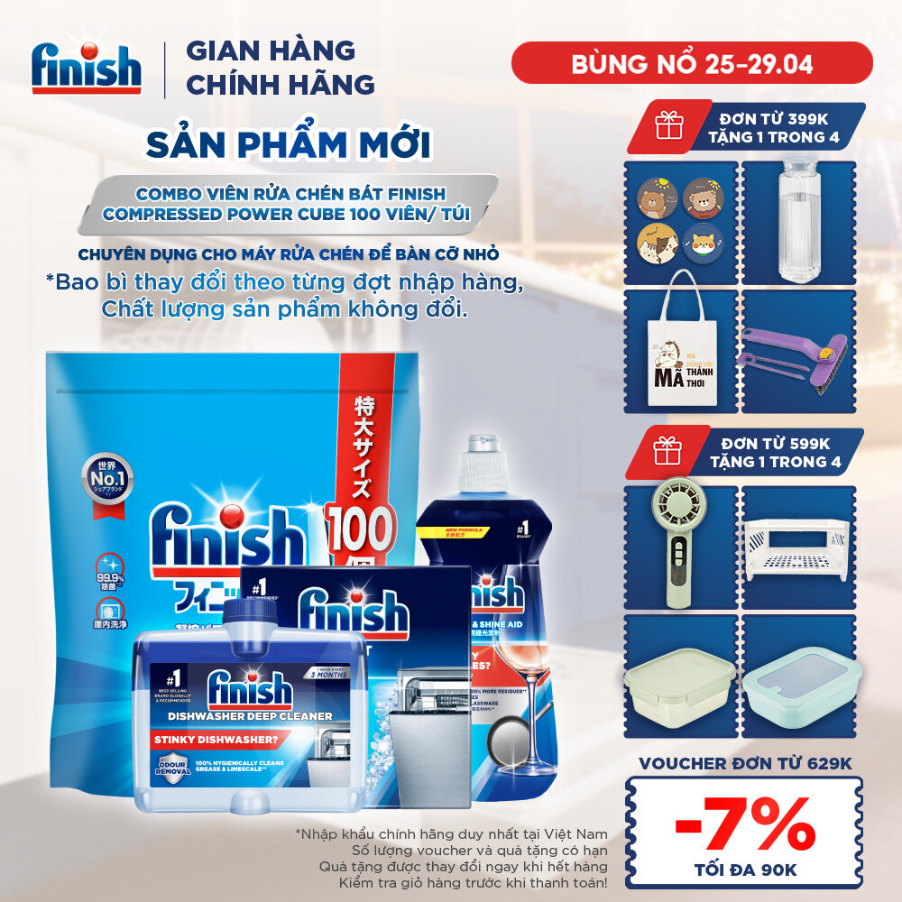 Combo Finish: Viên Rửa Chén Finish Nhật Bản Power Cube 100 Viên + Nước bóng + Dung dịch vệ sinh máy + Muối 2kg