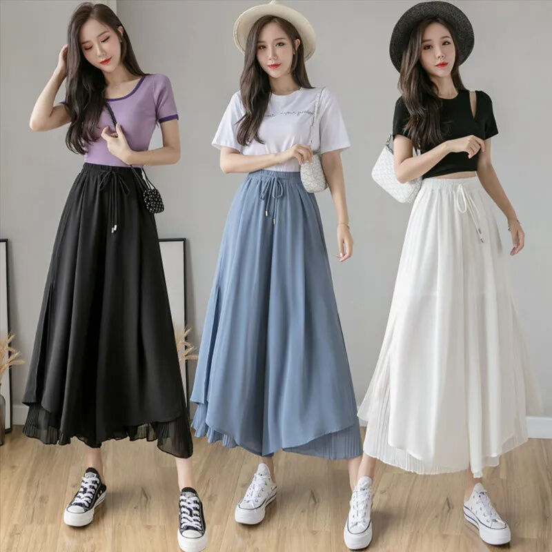 Quần Ống Rộng Lụa Lạnh Chiffon Chiffon 9 Tấc, Quần Váy Kiểu Mỏng 2022 Mùa Hè Cho Nữ, Quần Mặc Thường Ngày Bay Bổng Xếp Ly Cạp Cao Cảm Giác Rủ Xuống