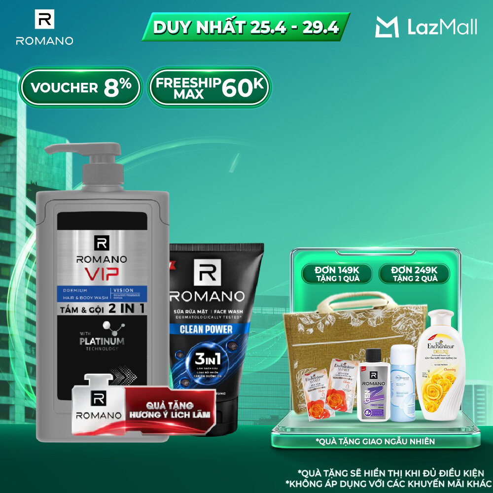 [Tặng kèm sữa rửa mặt 100 ml] Tắm gội 2 trong 1 Romano 2in1 Vip Vision 650g/chai