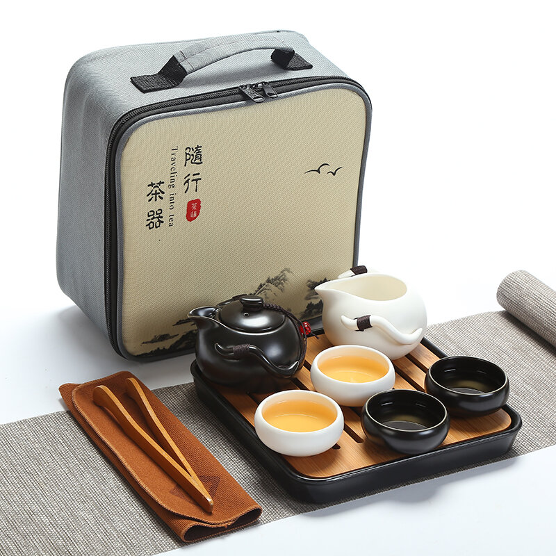 Bộ Trà Cầm Tay Bằng Gốm Sứ Phong Cách Nhật Bản Dành Cho 4 Người Bộ Trà Kung Fu Hoàn Chỉnh Kèm Khay Trà Tre Lý Tưởng Cho Du Lịch