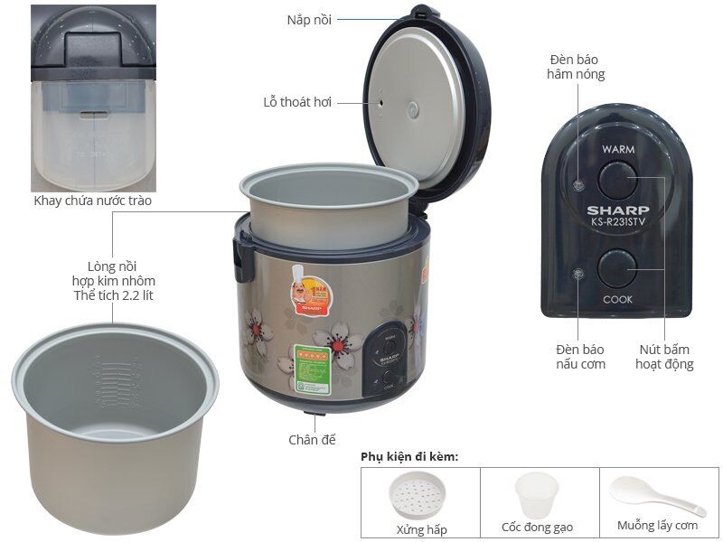 Nồi cơm điện Sharp 2.2 lít KS-R231STV [HÀNG CHÍNH HÃNG BẢO HÀNH 12 THÁNG]