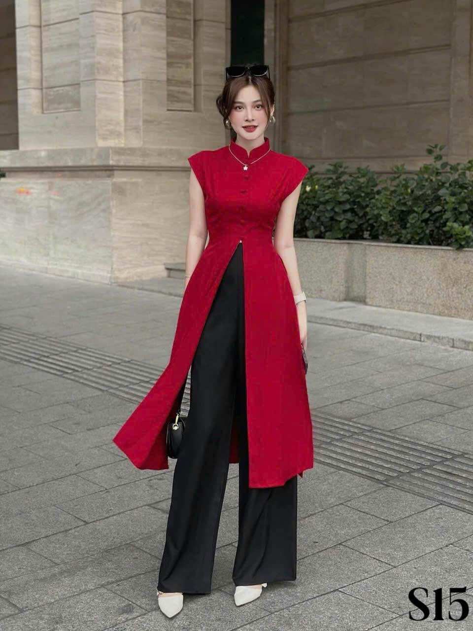 (SHOP BIGSIZE NỮ 50KG ĐẾN 90KG) set áo dài cách tân xẻ tà tứ thân nút bọc