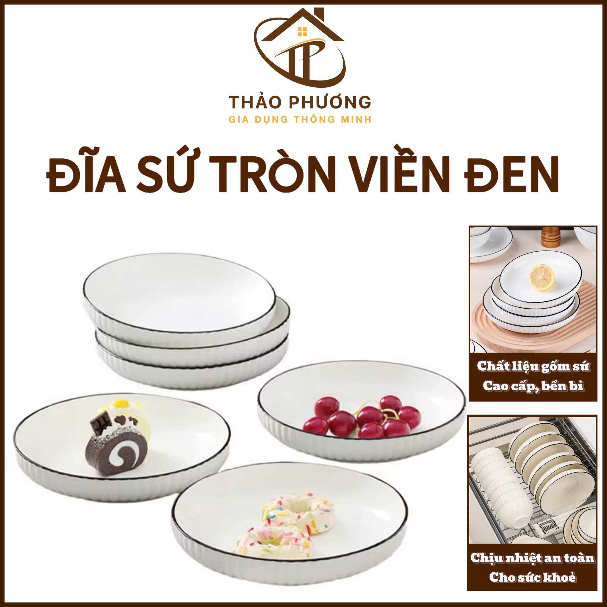  Đĩa Sứ Tròn Tắng Viền Đen Sứ Cao Cấp Dày Dặn Chịu Nhiệt Tốt Đường Kính 18cm 20cm 