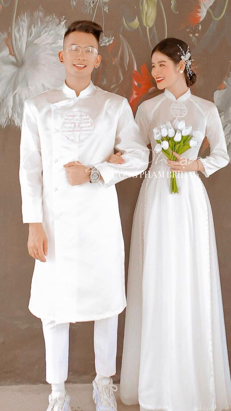 Áo dài cặp hỏi cưới nam nữ chữ hỷ may mắn