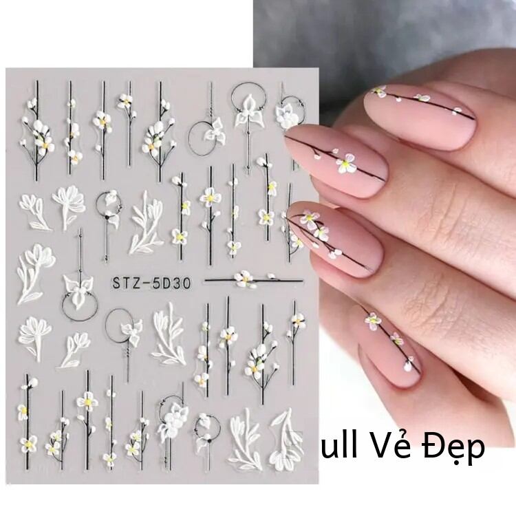 5d trắng hoa nổi móng tay nghệ thuật đề can bó hoa cưới dán trang trí trừu tượng hoa lá dreamcatcher thanh trượt la5d-k162