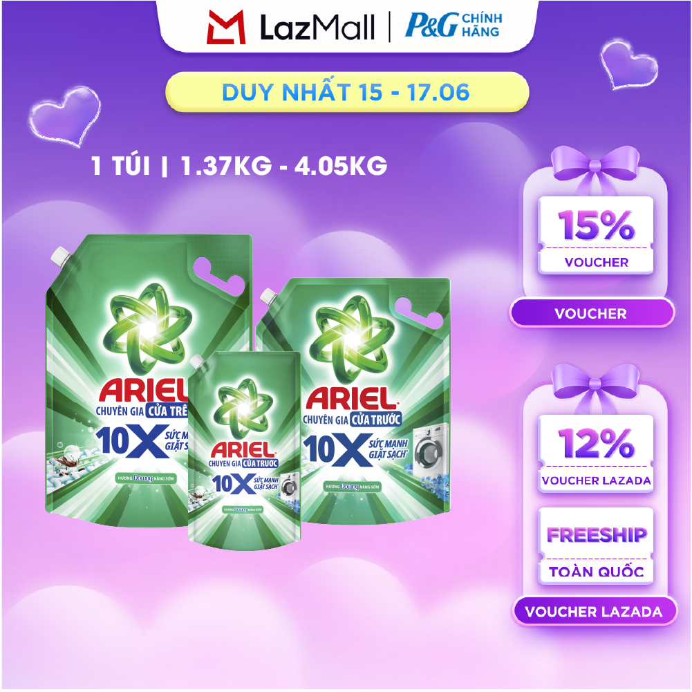 Nước Giặt Gel ARIEL 10X Sức Mạnh Giặt Sạch Chuyên Gia Cửa Trước - Cửa Trên Hương Downy Nắng Sớm Túi 1.37-4.05KG