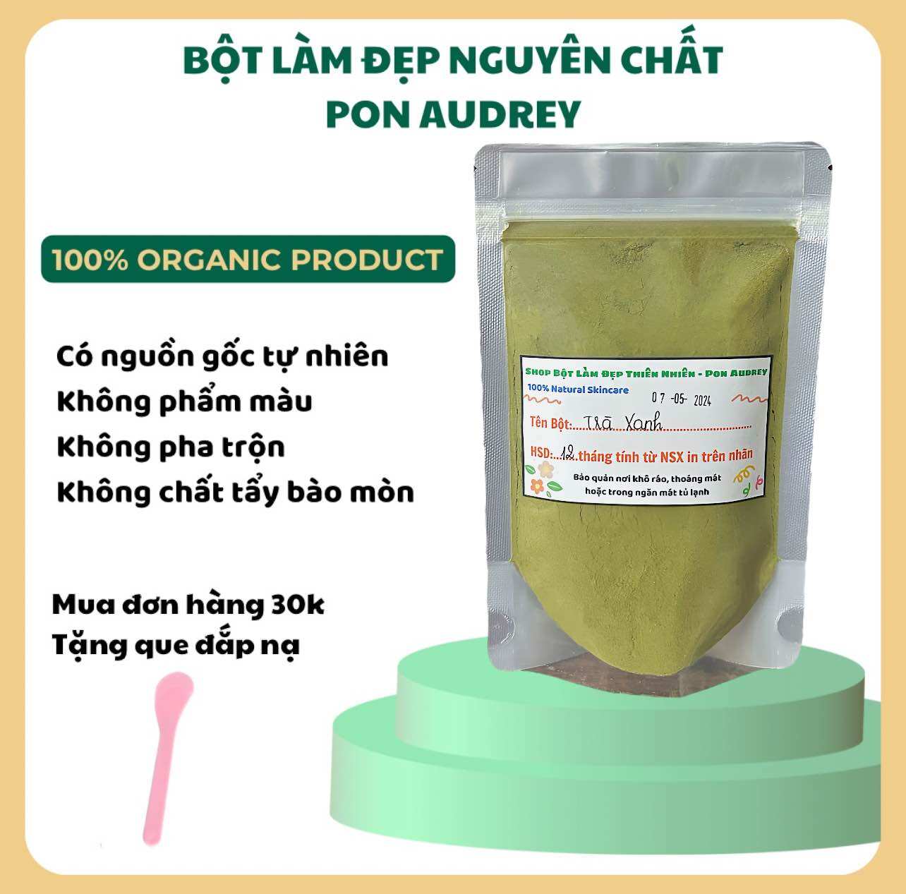 Bột trà xanh nguyên chất ủ trắng da, giảm mụn mờ thâm, thu nhỏ lỗ chân lông, ăn uống