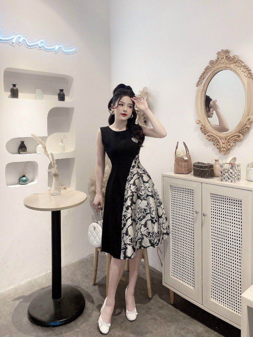 Đầm xoè gấm phối màu cao cấp