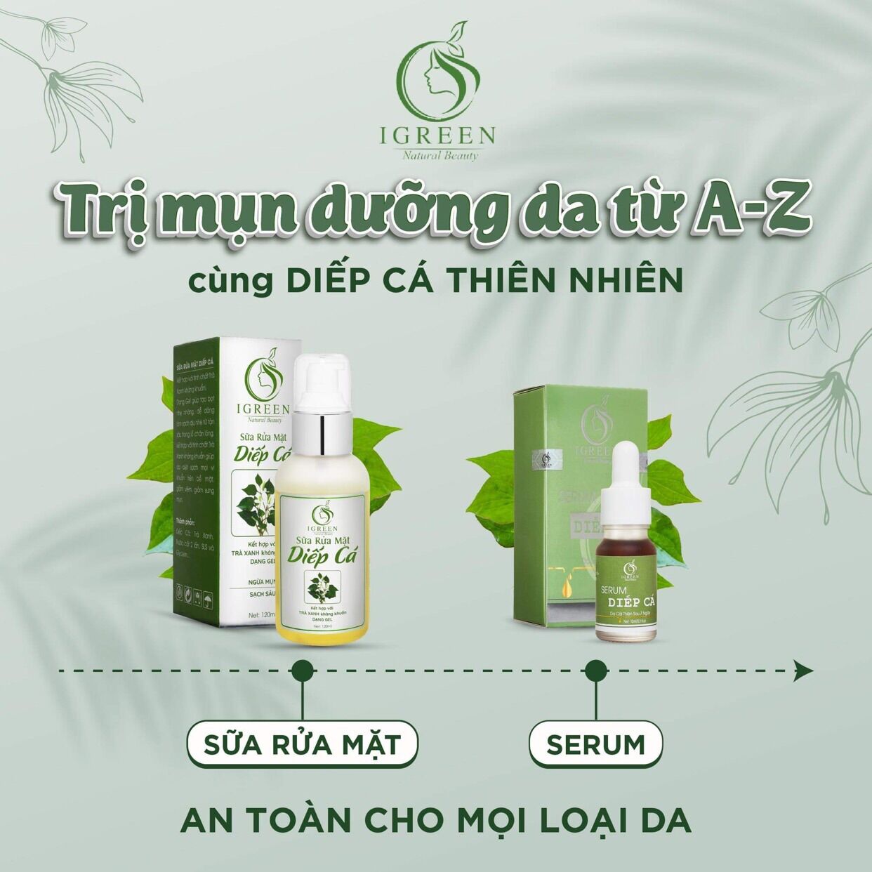 COMBO TOÀN DIỆN IGREEN-SẠCH MỤN,THÂM( serum diếp cá+sữa rửa mặt diếp cá)