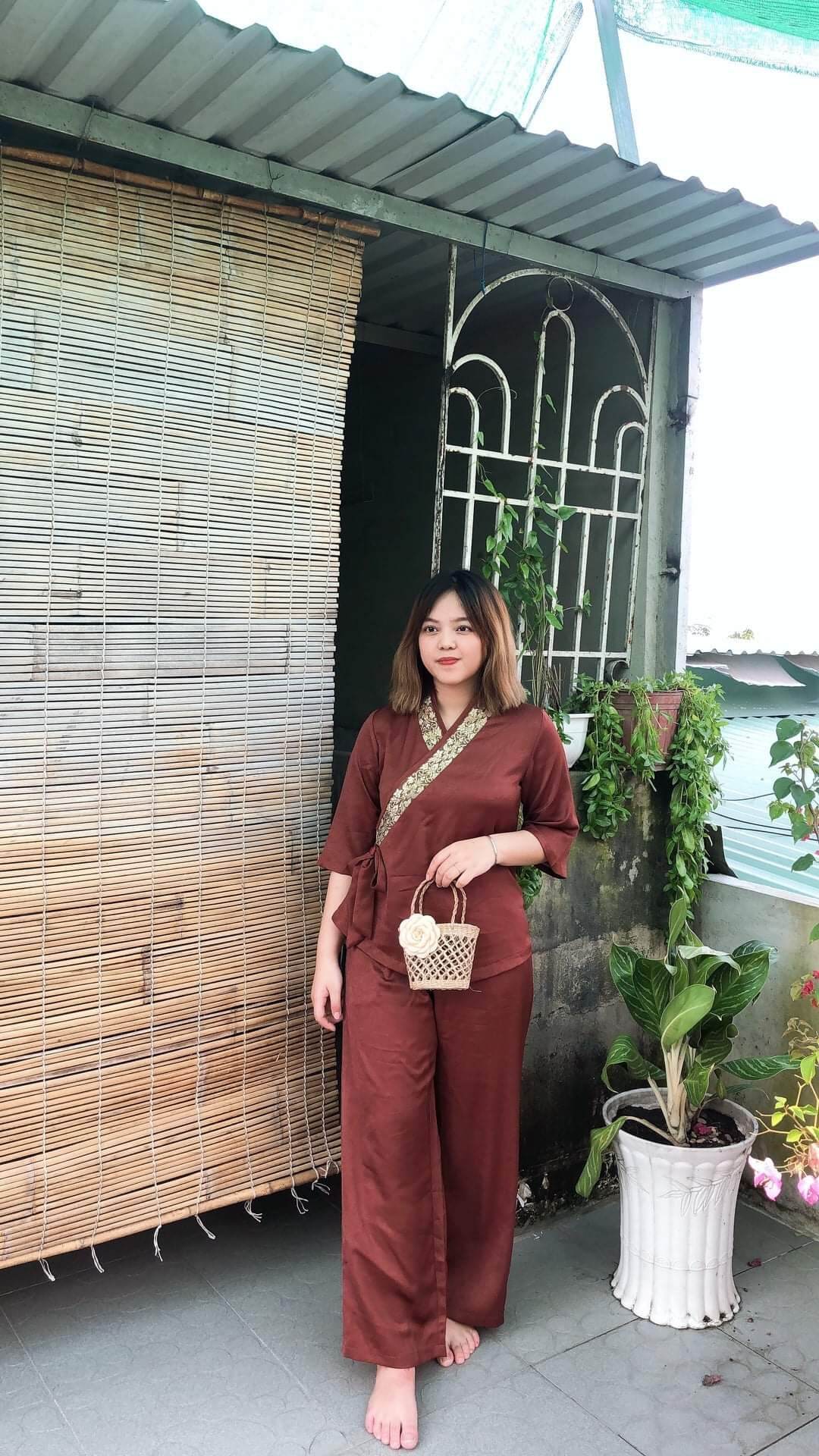 bộ nữ phật tử đi chùa vải lụa cao cấp lụa pháp