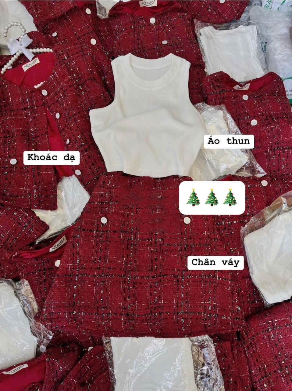 SET 3 MÓN DẠ ÁO THUN PHỐI ÁO KHOÁC DẠ ĐỎ PHỐI CHÂN VÁY