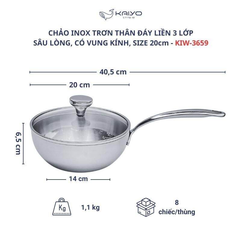 Chảo inox Tri - ply đáy liền Kaiyo kèm vung kính