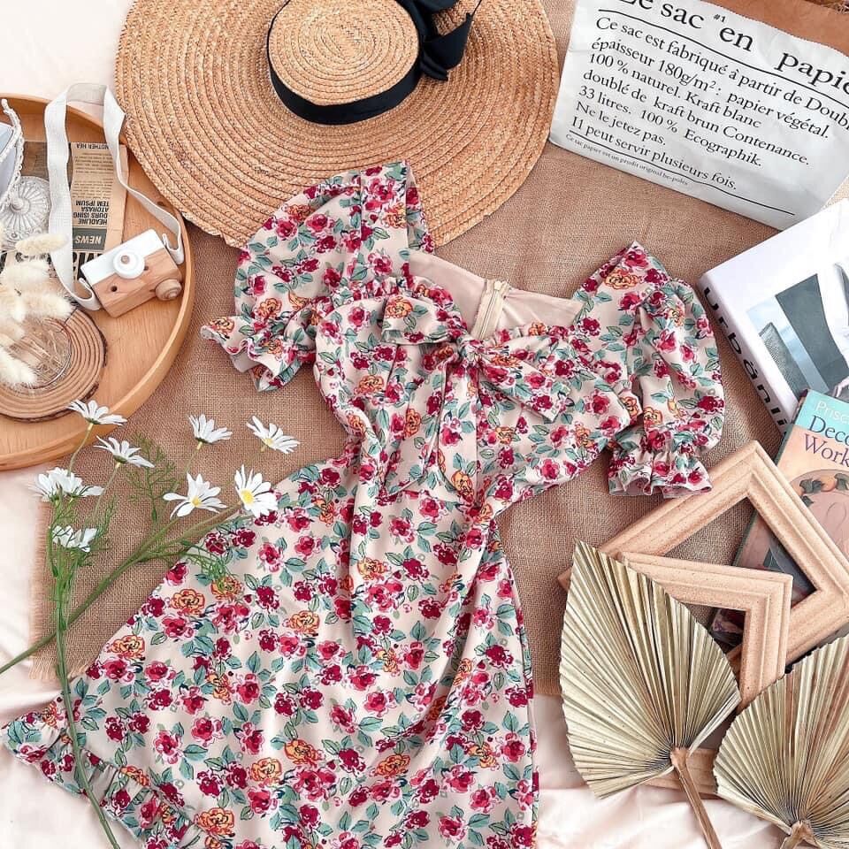 Đầm Hoa Bèo Lai Ngực Cột Nơ Tiểu Thơ
