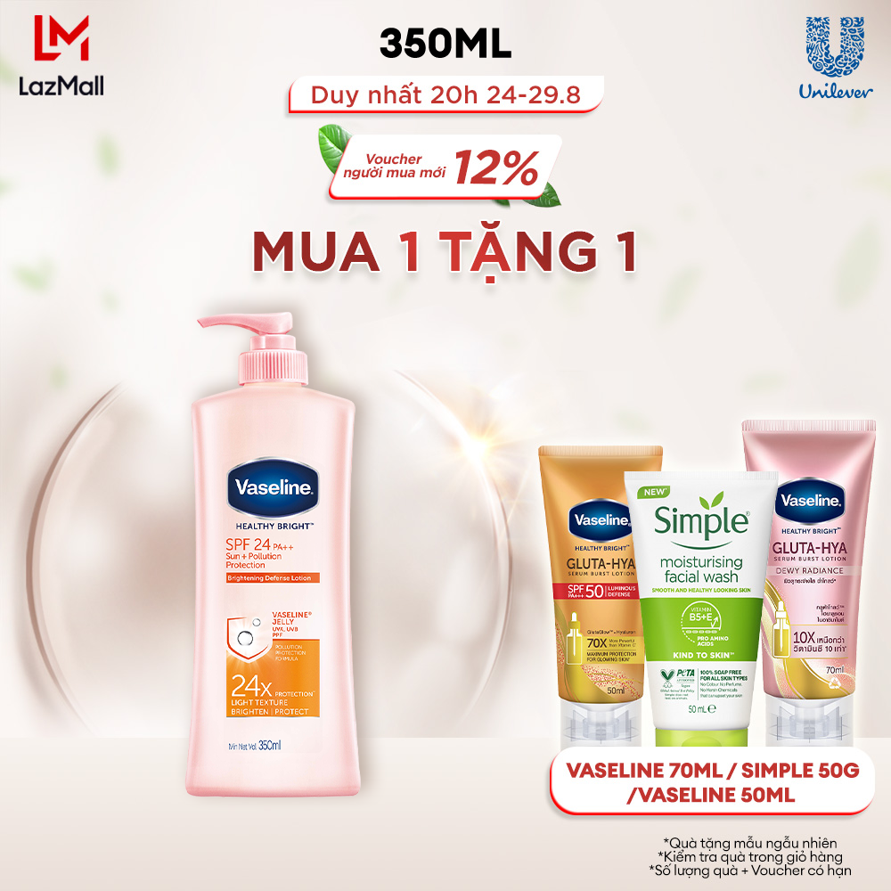 Sữa Dưỡng Thể Dưỡng Ẩm Vaseline Healthy Bright 350ml Sáng Da Chống Nắng Toàn Spf24pa++ Sun Protection