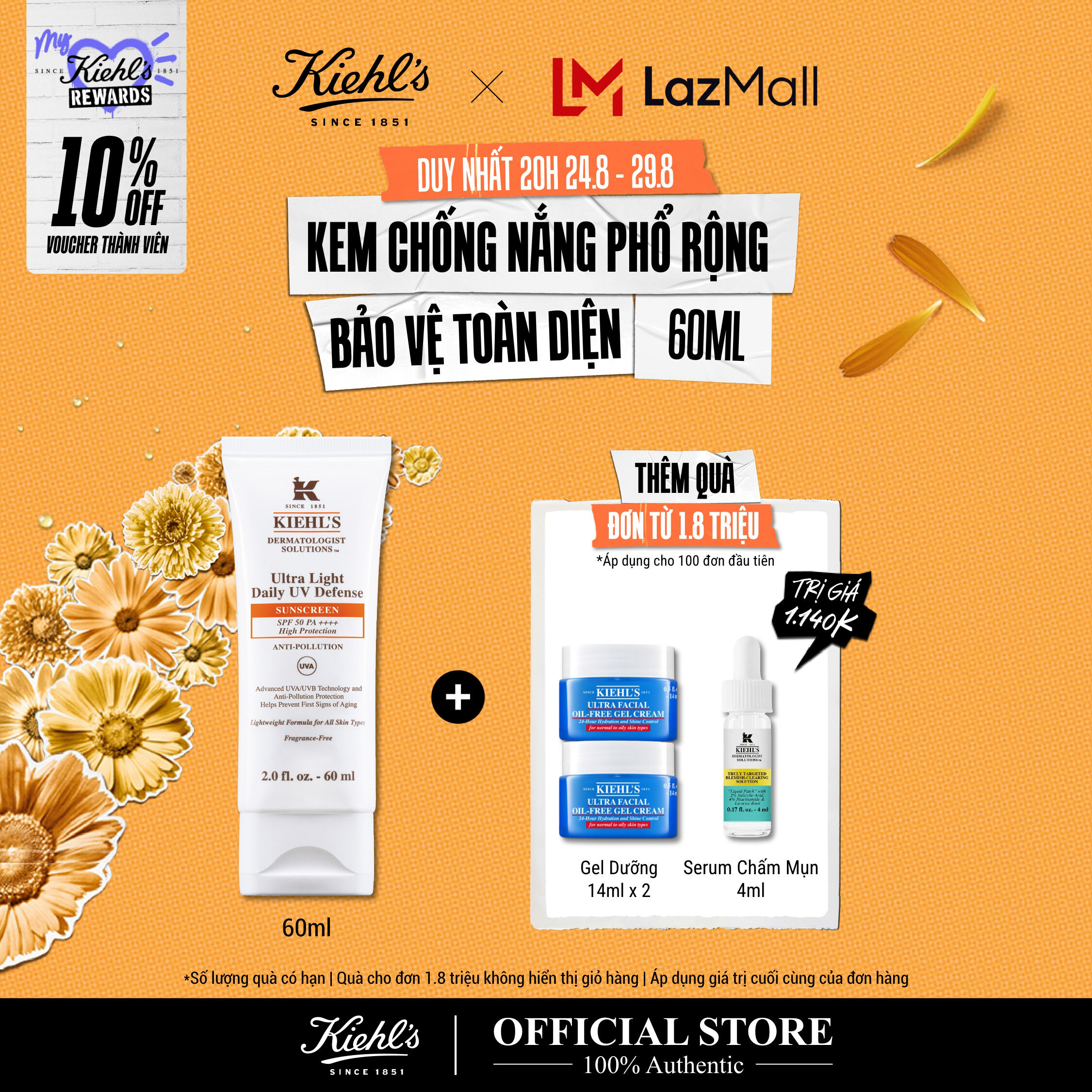 [VOUCHER 10% - TẶNG QUÀ ĐƠN 1.8TR] Kem chống nắng hằng ngày Kiehl's Ultra Light Daily UV Defense SPF 50 PA++++ Anti-pollution 60ml