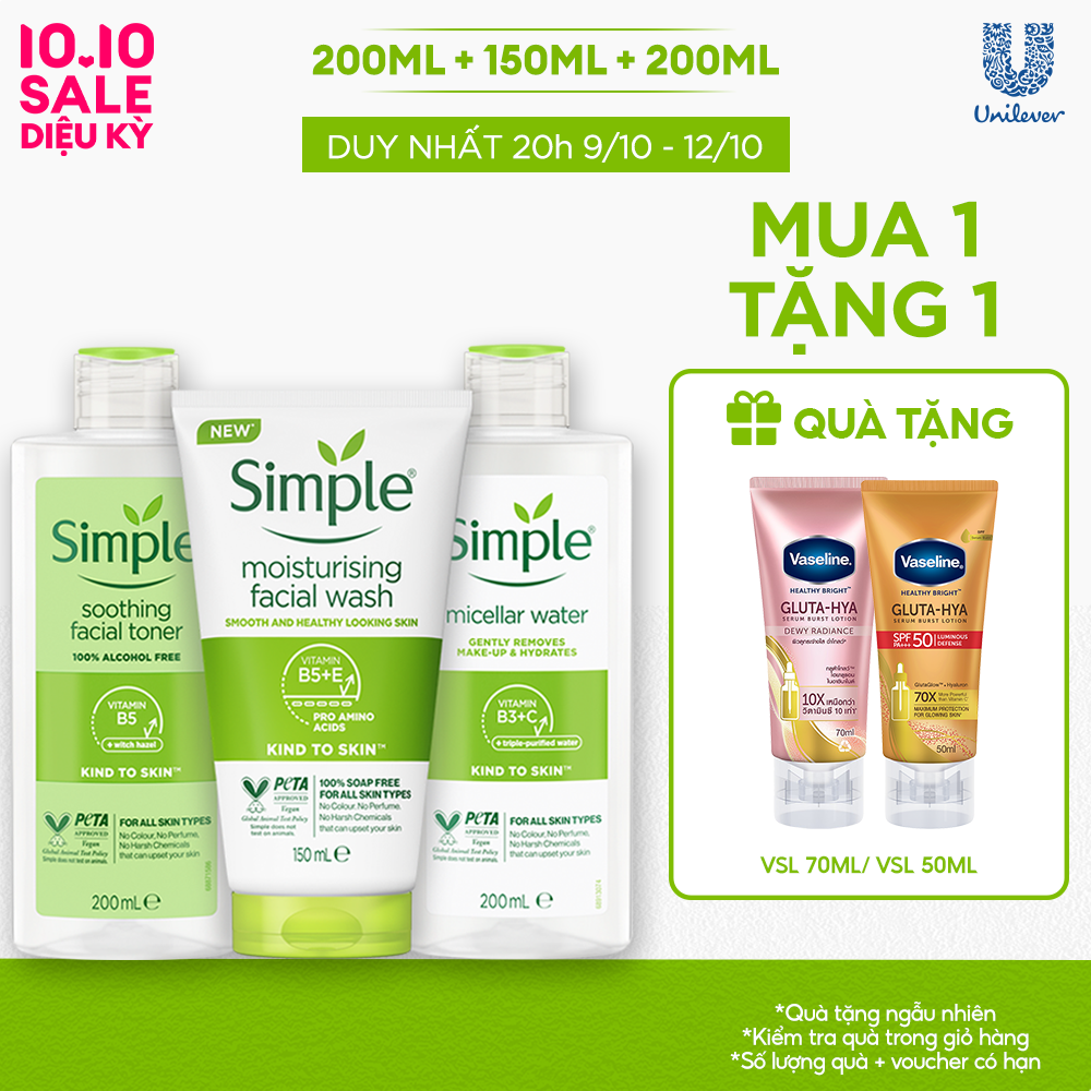 [VC 15% tối đa 70K đơn 399K] Combo Simple Tẩy trang Micellar 200ml + Sữa rửa mặt 150ml + Nước hoa hồng Toner 200ml cho da ẩm mịn đàn hồi [CHÍNH HÃNG ĐỘC QUYỀN]