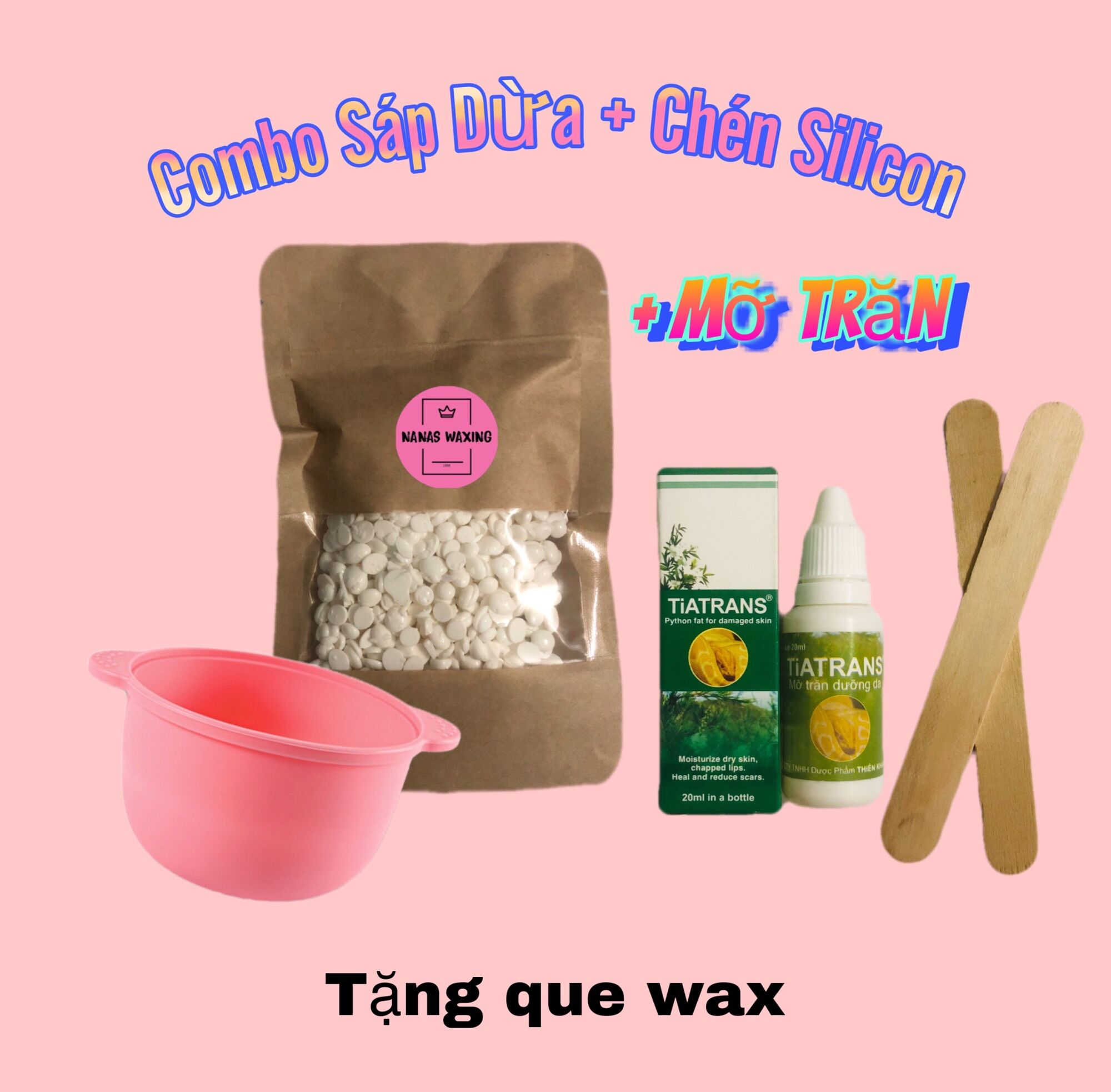 Combo Sáp wax lông dừa 100g, Chén silicon + Mỡ Trăn