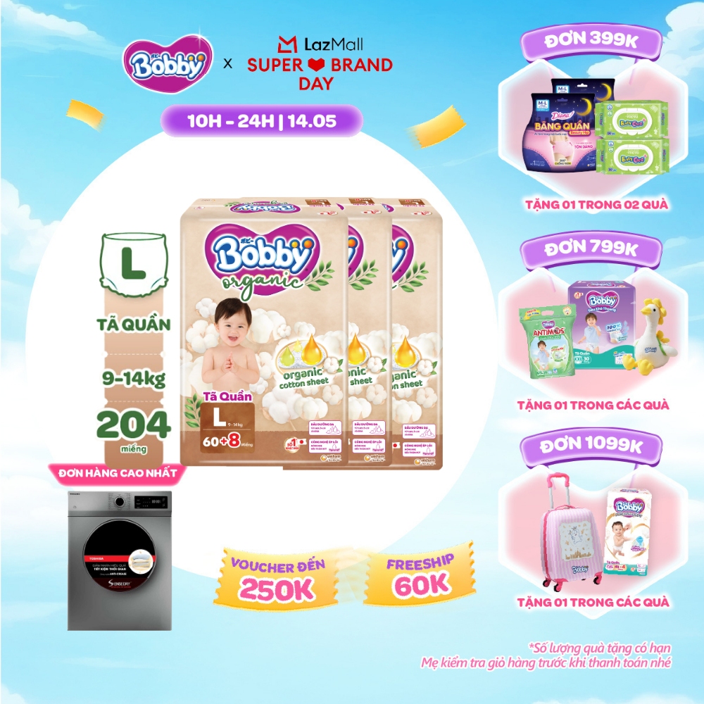 [SALE GIỮA THÁNG tặng QUÀ TO-SLCH][COMBO 3] [TẶNG KÈM 8 MIẾNG] Tã quần cao cấp Bobby Organic chăm sóc dịu nhẹ từ thiên nhiên L60