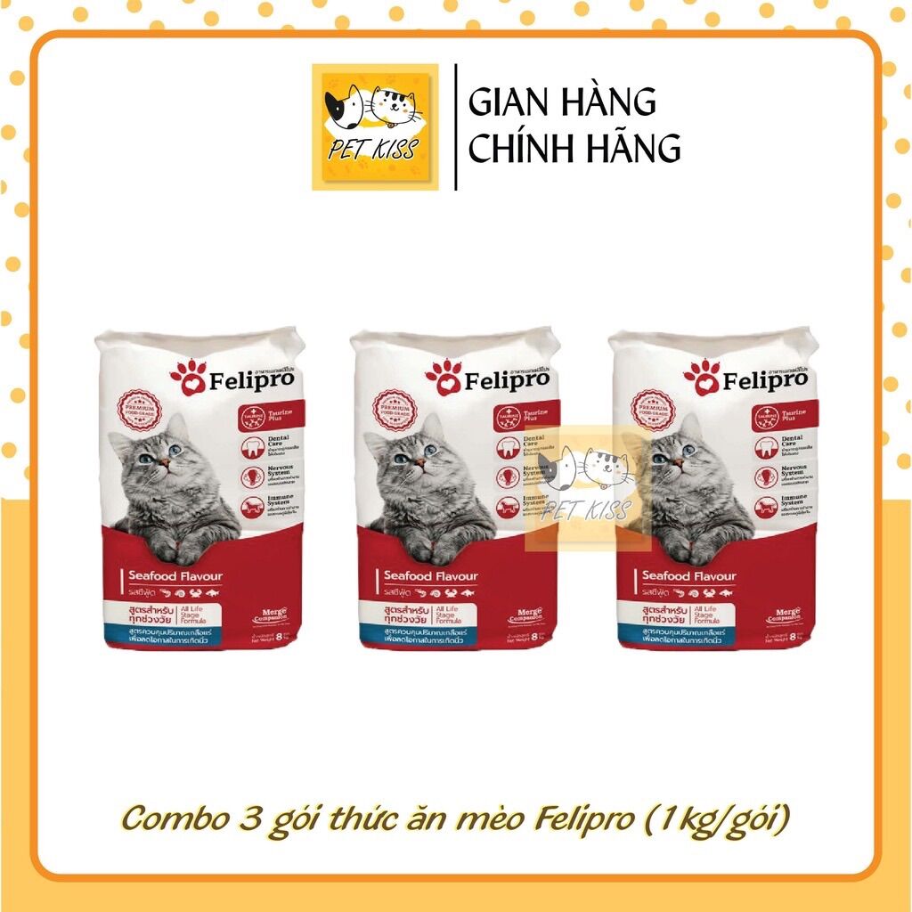 Combo 3 gói thức ăn hạt cho mèo Felipro, Gói 1kg x 3