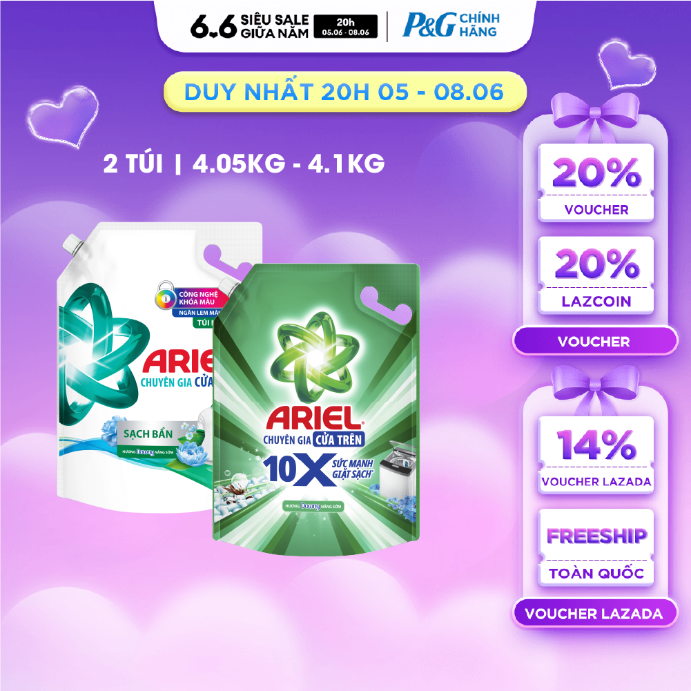 Combo 2 Nước Giặt Cửa Trên ARIEL Ngăn Lem Màu, Quần Áo Siêu Thơm Hương Sạch Sâu Nắng Mai Túi 4.1KG