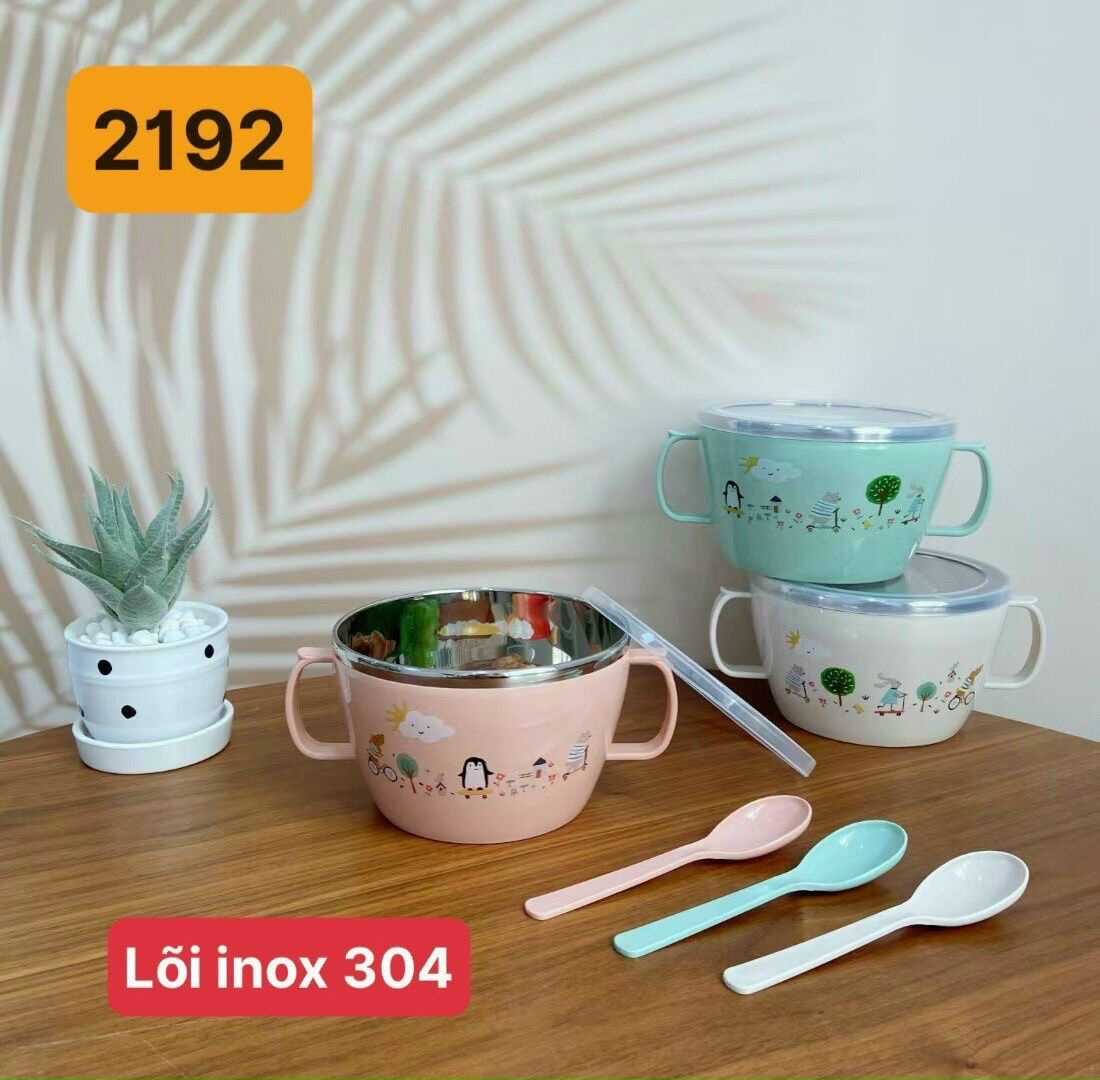 Tô ăn mì 2 tay cầm 14cm có nắp kèm muỗng, tô mì dễ thương, đựng thức ăn tiện lợi - n113