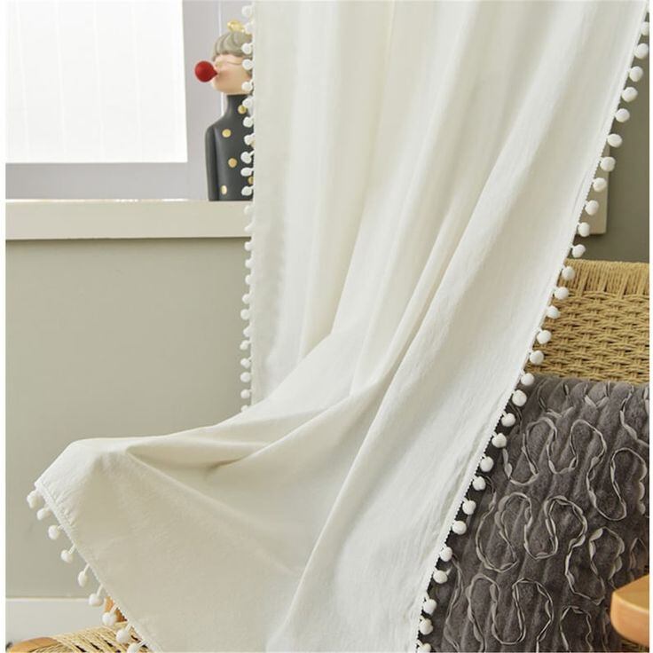 Rèm vải canvas rèm màn cửa trang trí phối ren pom pom