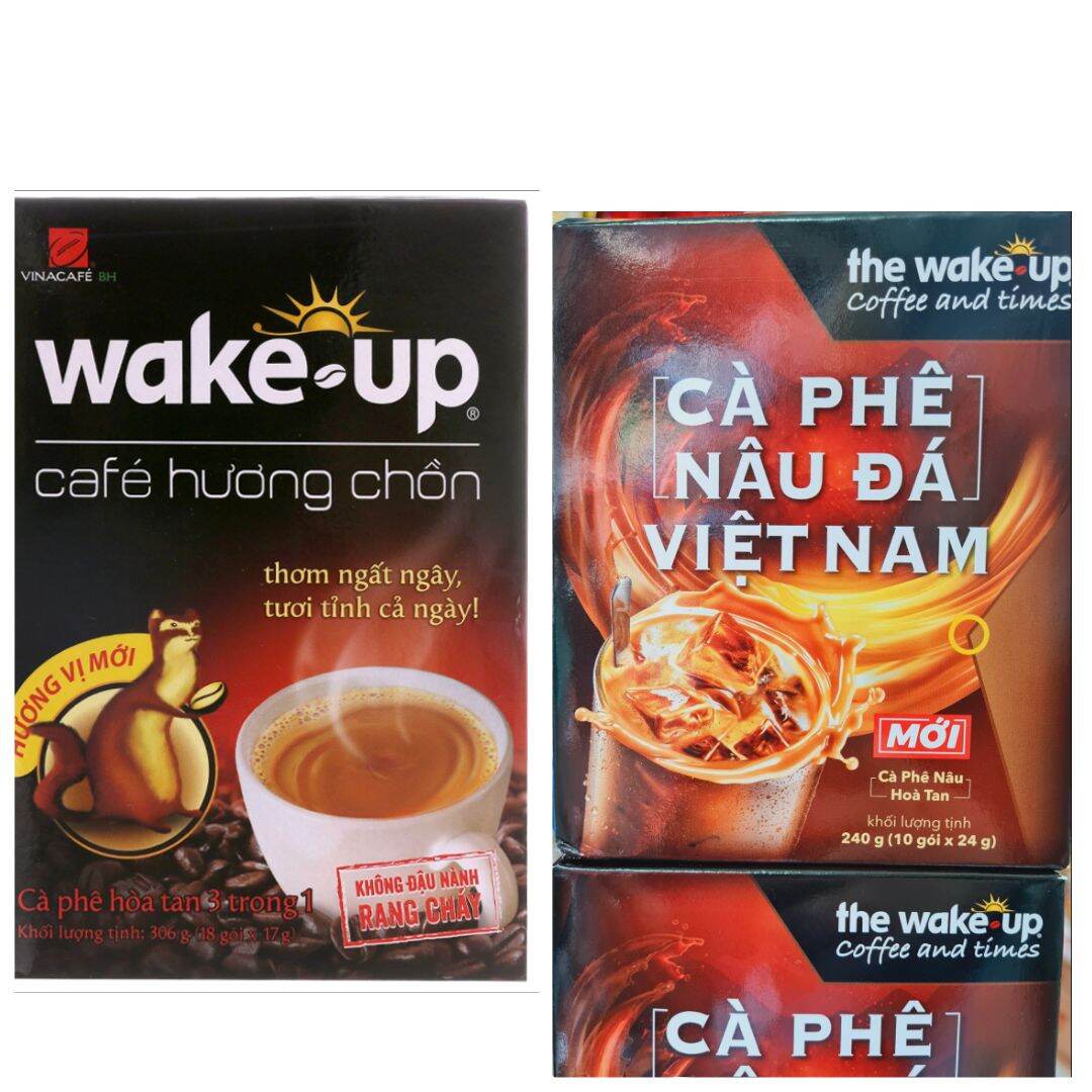 Sẵn Hàng Combo 2 Hộp cà phê Wake up Sài Gòn hương chồn 18gói / nâu đá hòa tan 240gr