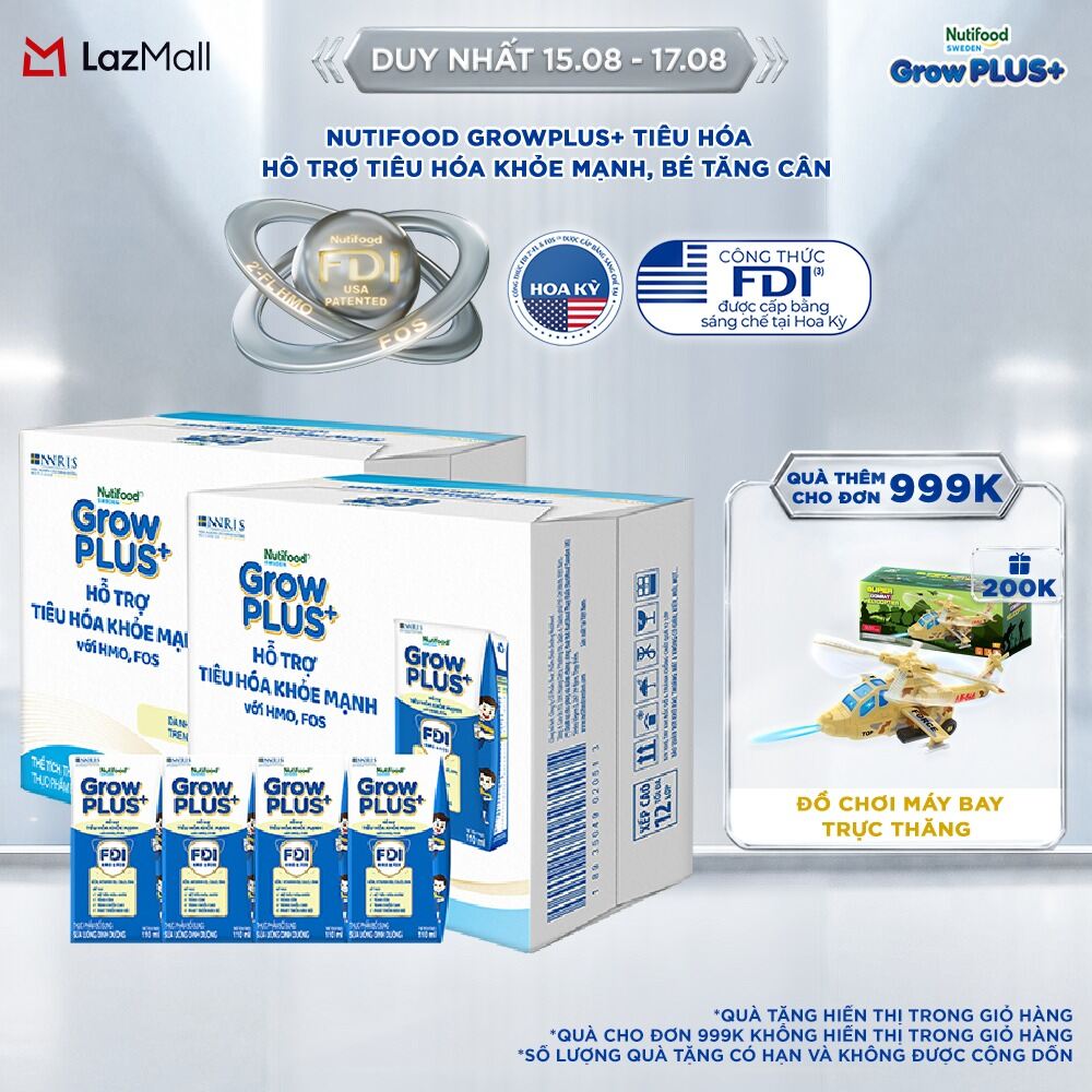 Sữa Nước Pha Sẵn Nutifood Sweden GrowPLUS+ Tiêu Hóa (Xanh Nhạt) - Hỗ trợ tiêu hóa khỏe mạnh, bé tăng cân - Trên 1 tuổi (48 hộp x 110ml)