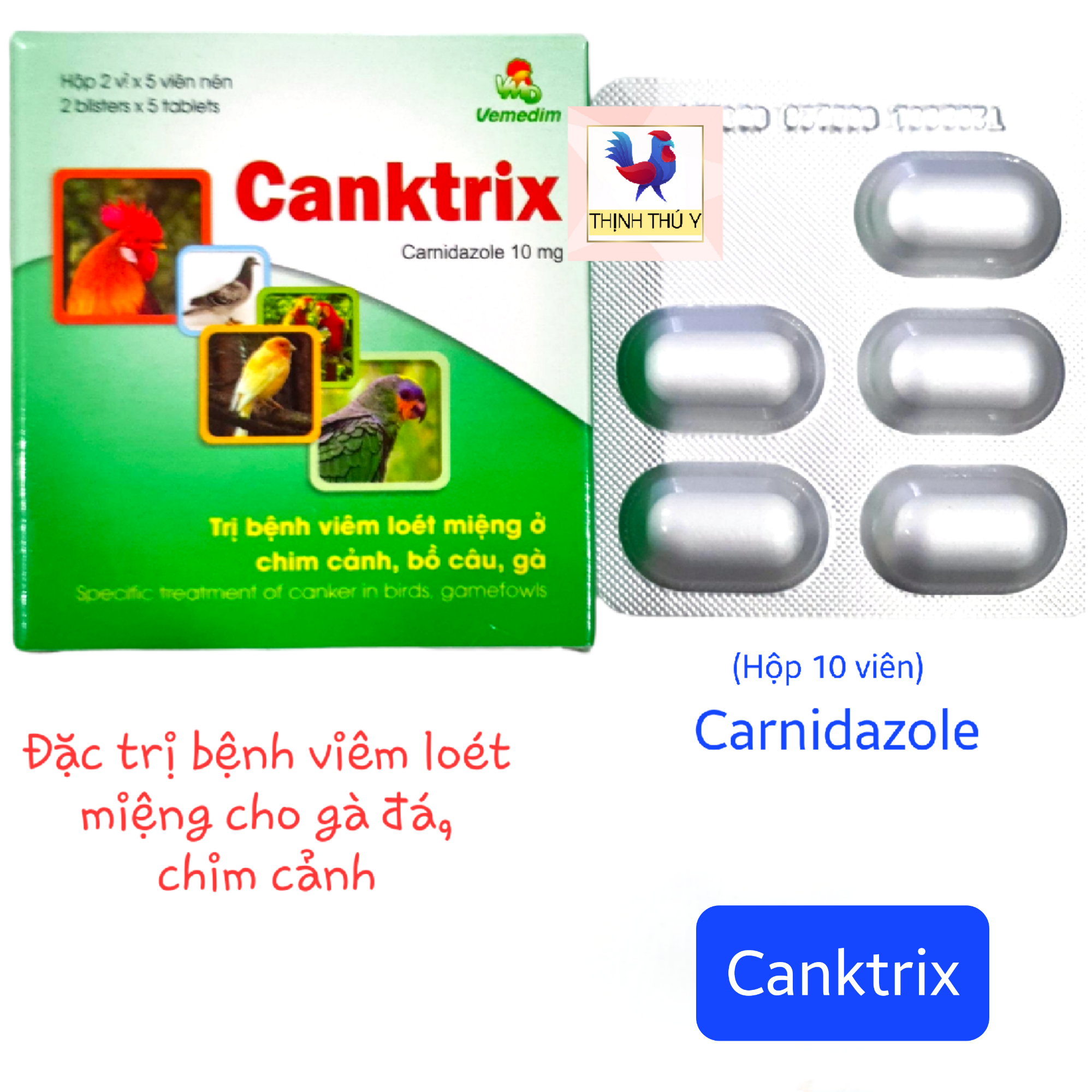 Canktrix (Hộp 10 viên) - Đặc trị bệnh viêm loét miệng cho gà đá, chim cảnh, bồ câu