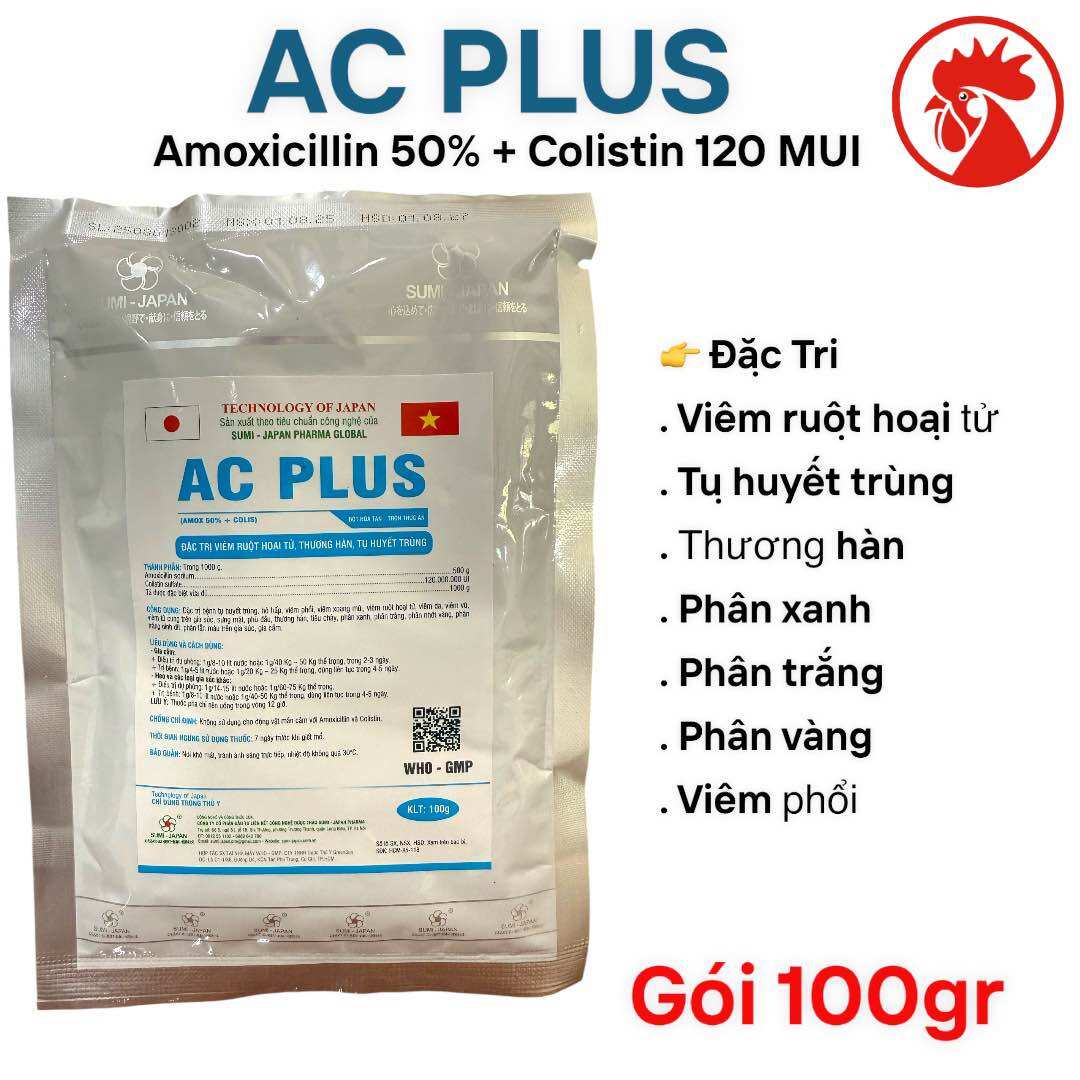 AC Plus Xanh (100g) Amox 50% trị tiêu chảy viêm ruột hoại tử thương hàn trên gà vịt heo gia cầm