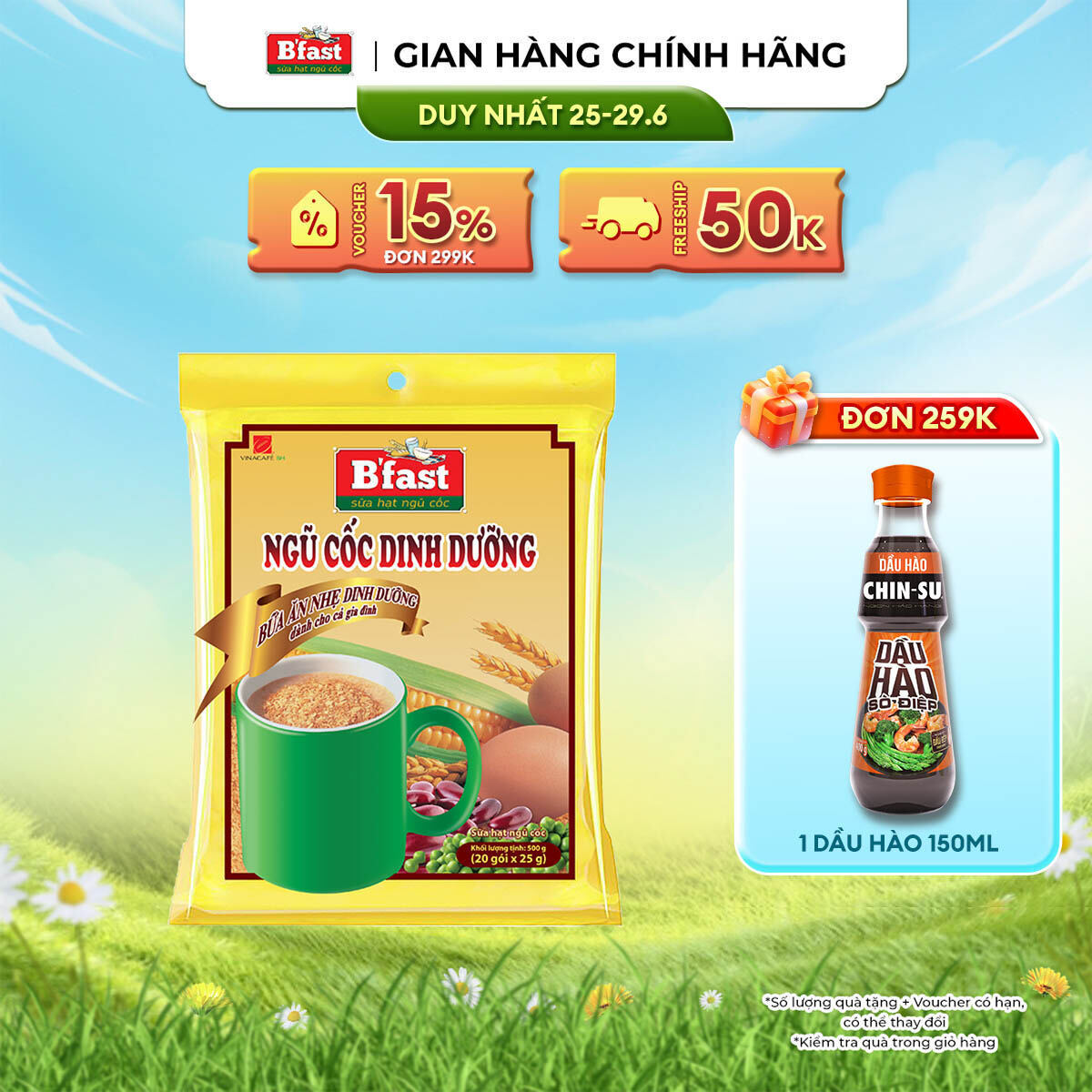 [DUY NHẤT 25-29.06 VOUCHER 18% ĐƠN 249K] Sữa Hạt Ngũ Cốc B'Fast - Túi 20 Gói x 25g
