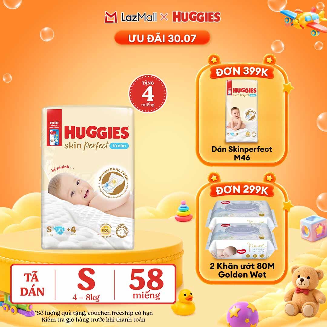 [30.7 QUÀ TẶNG ĐƠN 0Đ]  Tã/bỉm dán sơ sinh Huggies Skin Perfect S 54 miếng với 2 vùng thấm giảm kích ứng da